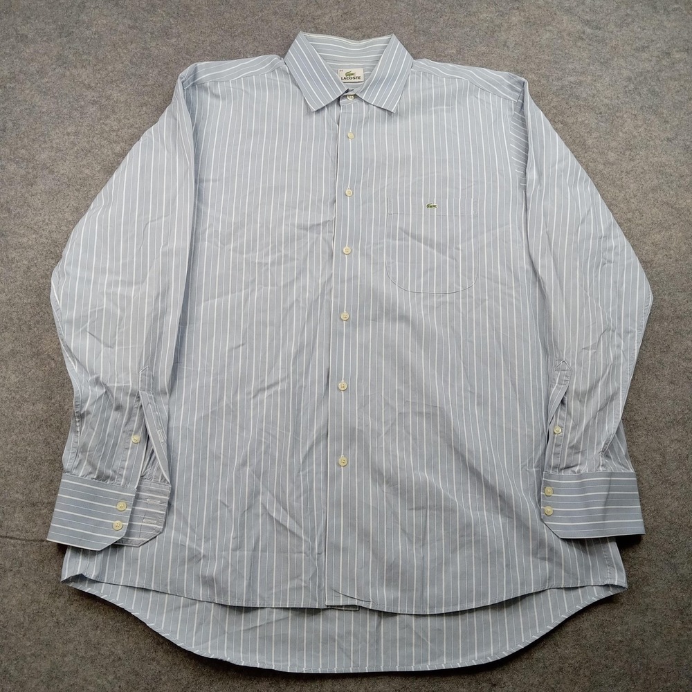 Lacoste Dress Shirt Mens 44 Blue Stripe Long Sleeve Button Front Cotton‎